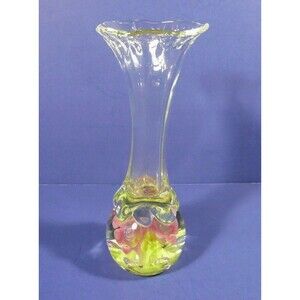 Vintage St Clair Controlled Bubble Paperweight Vase Pink Green Flowers 7 ¼"